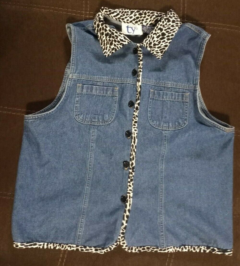 Denim Blue Vest with Leopard Print Collar, S, TY2